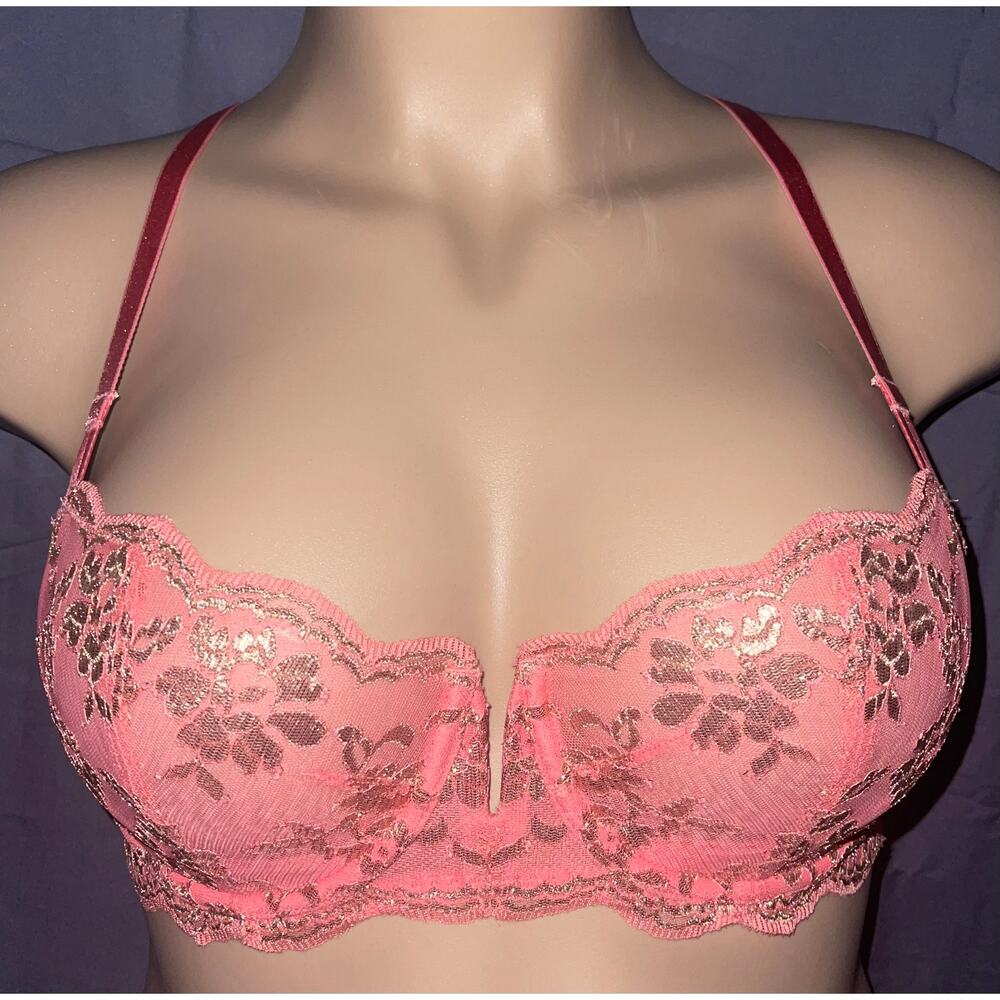 34C CORAL & GOLD LACE VICTORIA'S SECRET UNLINED DEMI BRA